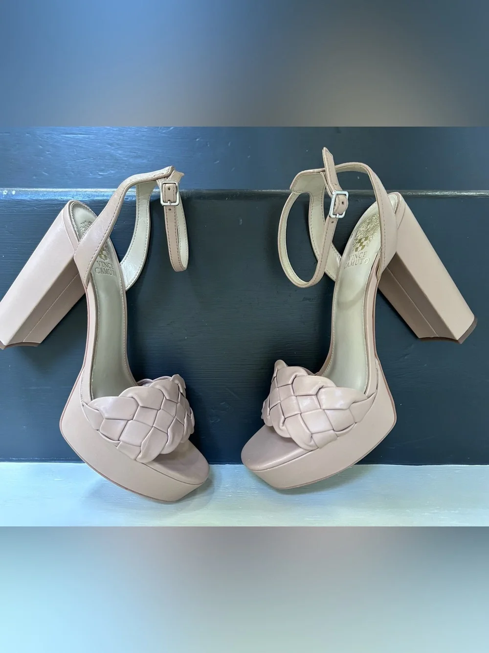 Vince Camuto Women’s Mirinda Woven Platform Block Heels Beige Sandals, Size 9.5